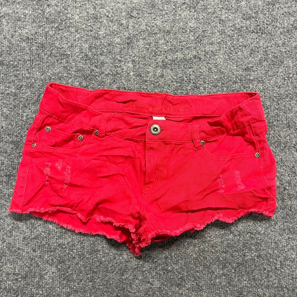 Blue Asphalt Denim Shorts Womens Size 11 Red Distressed Raw Hem Low Rise Casual